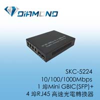 SKC-5224 10/100/1000Mbps  1 埠Mini GBIC(SFP)+ 4 埠RJ45 高速光電轉換器